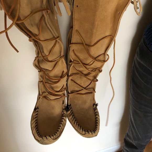 Suede Minnetonka Lace Up Tall Fringe Boot - Picture 3 of 5